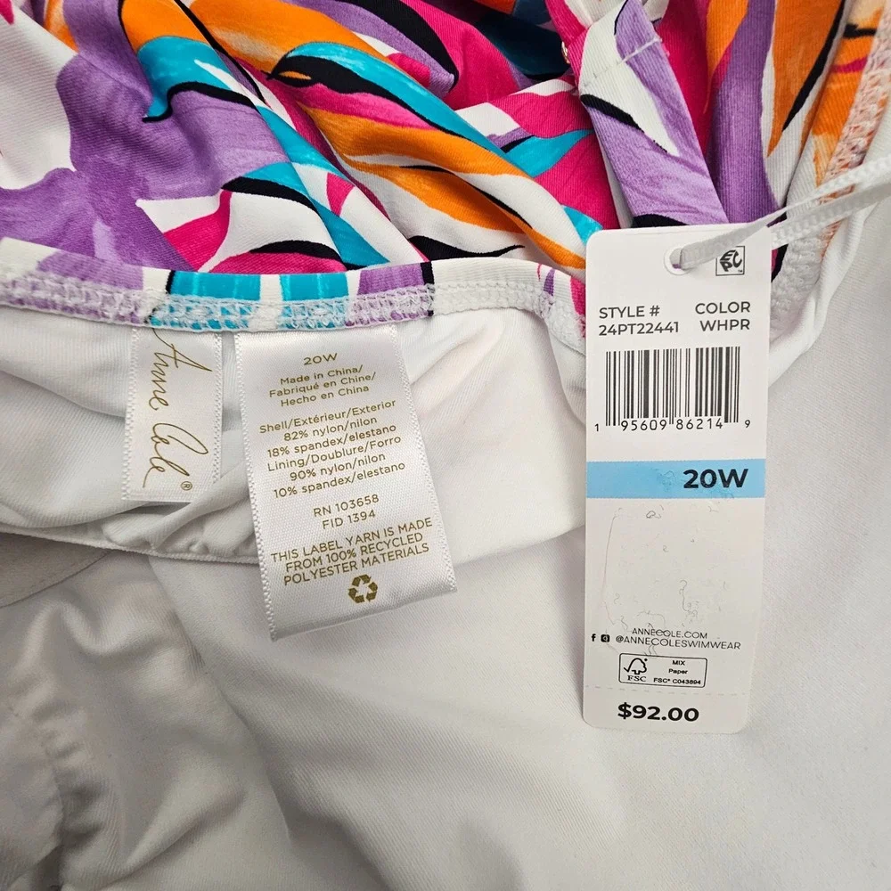Anne Cole Tankini Swim Top Womens 20W White Floral Tropical V-Neck Beachwear NEW
